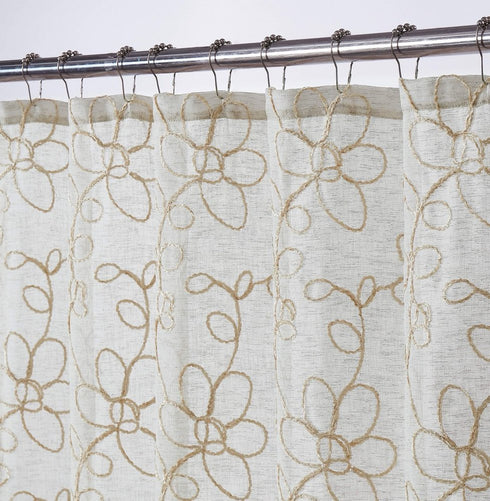 Tan and White Floral Embroider Shower Curtain